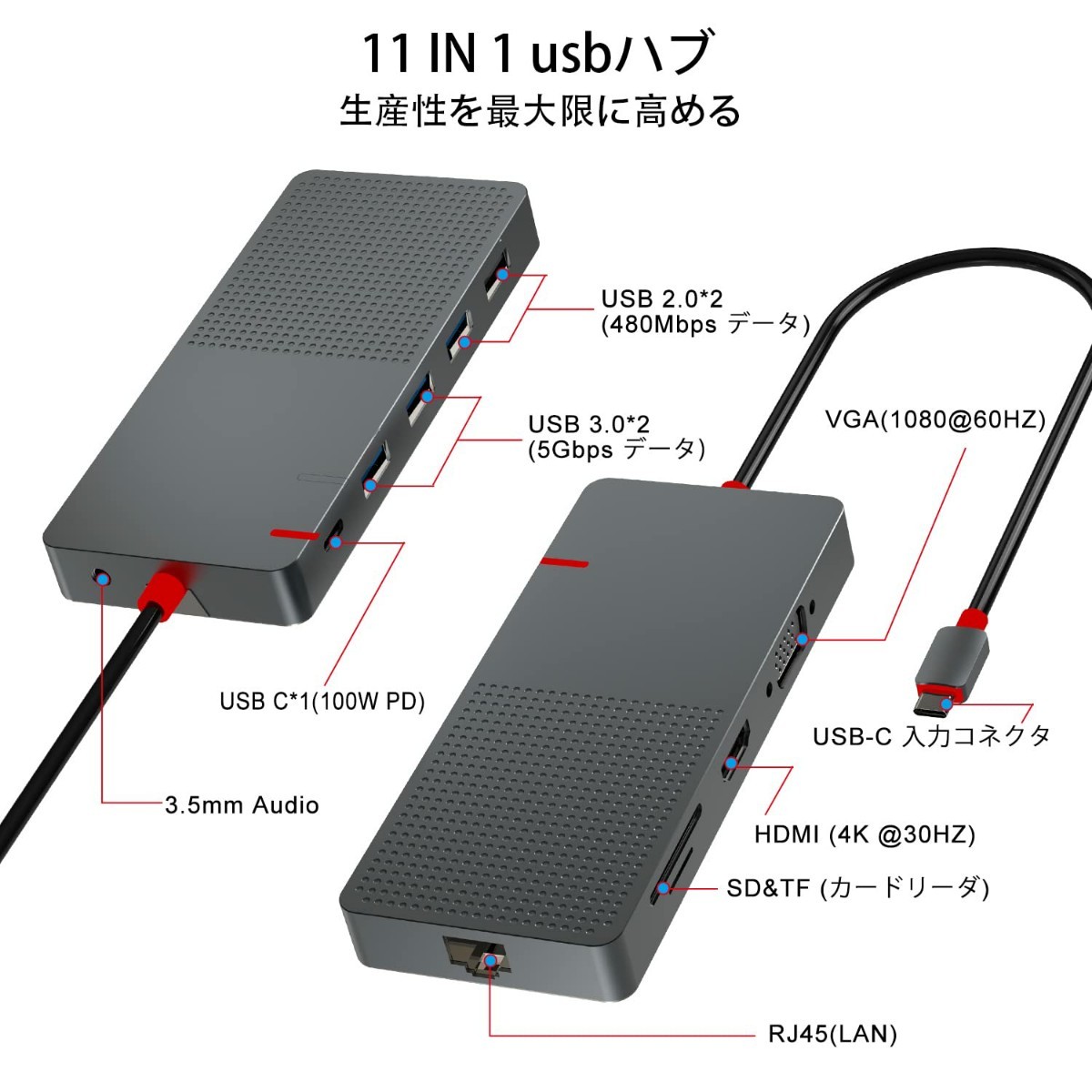 usb c ハブ 11-in-1 usb hub usb c 変換アダプ type-c hdmi vga（4K HDMI displayport hdmi 変換/usb lan/PD 100 W急速充電ポート/2個USB…_画像2