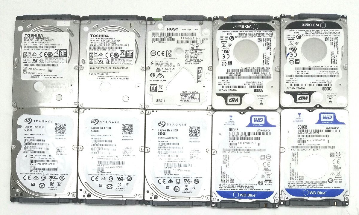 【中古】HDD 500GB SATA 2.5インチ 7mm 動作確認済　メーカー色々 TOSHIBA ・WD・SEAGATEなど (選択不可）ハードディスク 10台セット_画像1