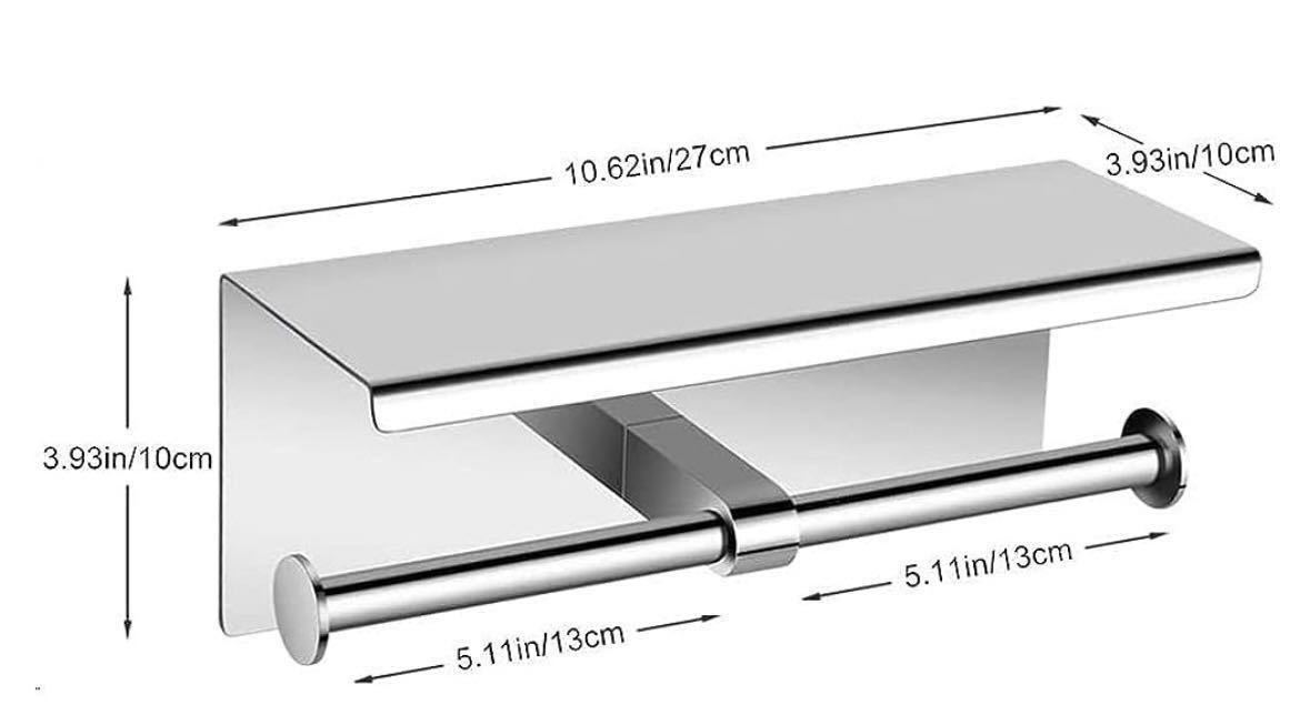 LW SPORT 社製のトイレットペーパーホルダーSUS304(18-8)ステンレス製の棚付2連紙巻器、上部は小物置きやスマホ置きとして使えます。_画像2