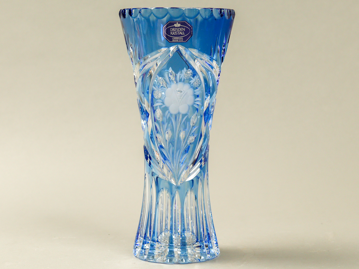 FMXQ DRESDEN KRISTAL ドレスデンクリスタル カットガラス 花瓶 22cm 栞 箱付き 美品