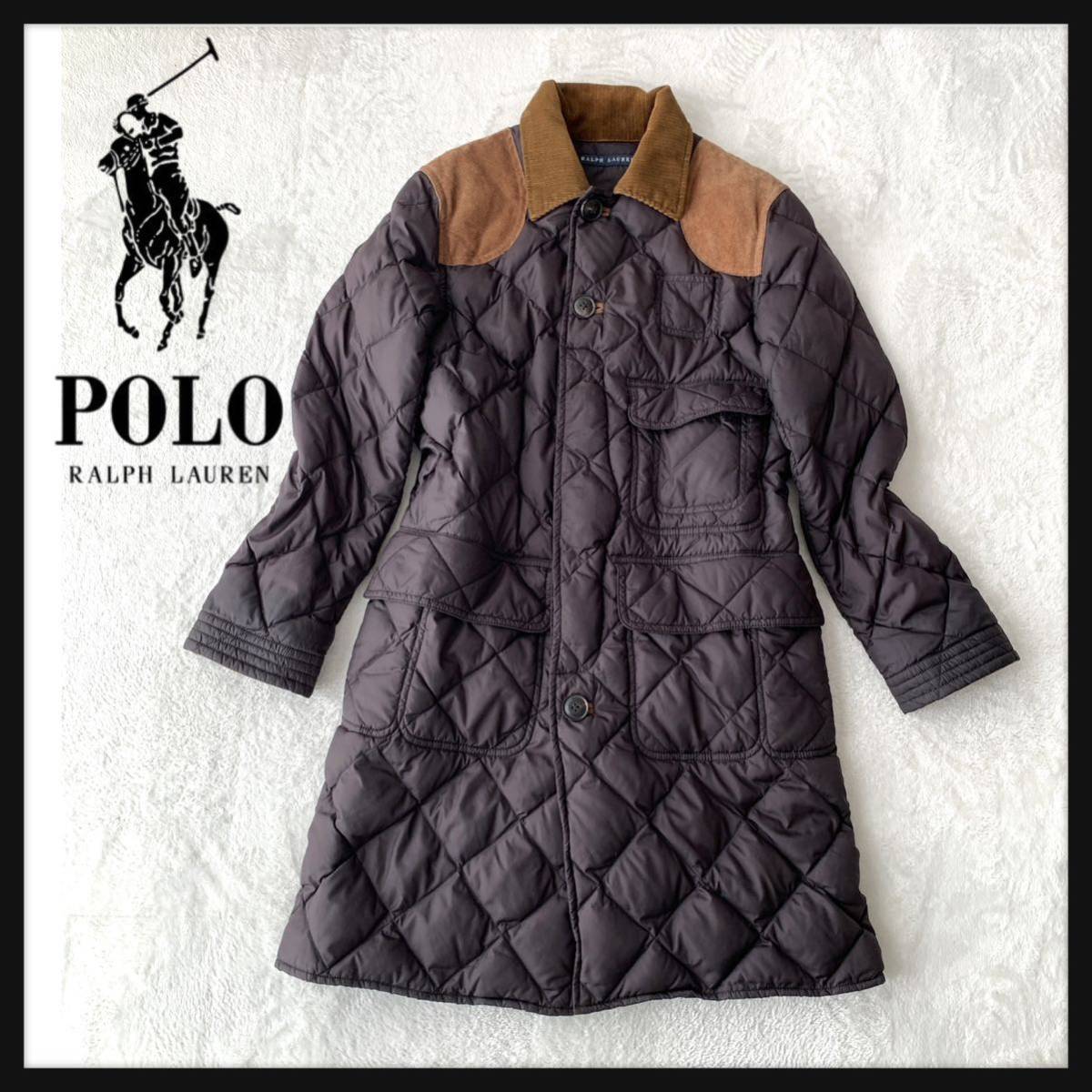 【希少】Ralph Lauren ラルフローレン ダウン キルティング コート ハンティング ジャケット ショルダーパッチ 襟コーデュロ_画像1