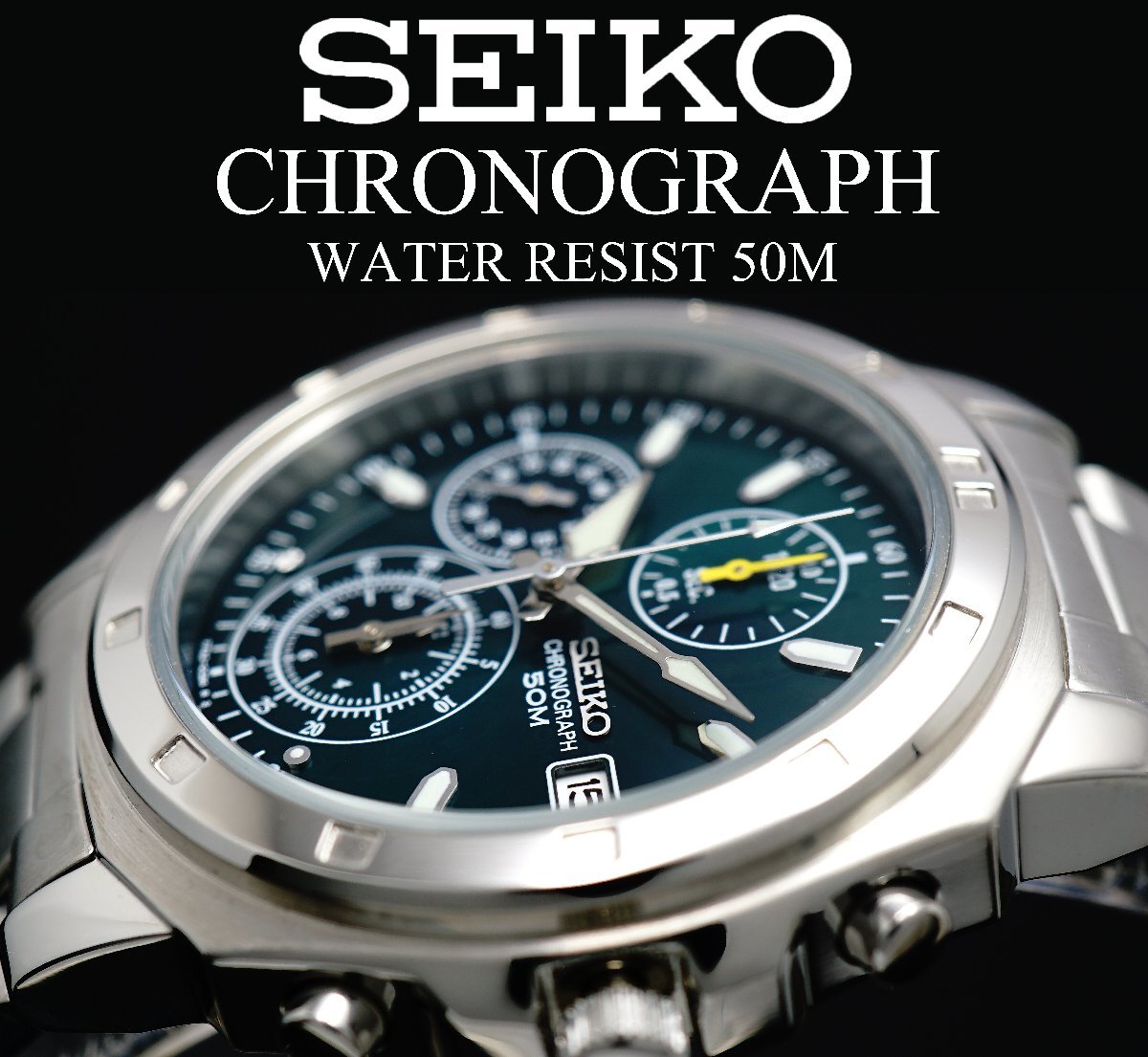 1円～ 1スタ セイコー 正規品海外モデル SEIKO 逆輸入 ダークグリーン 新品 1/20秒 高速クロノグラフ 腕時計 メンズ激レア入手困難 50m防水_画像5