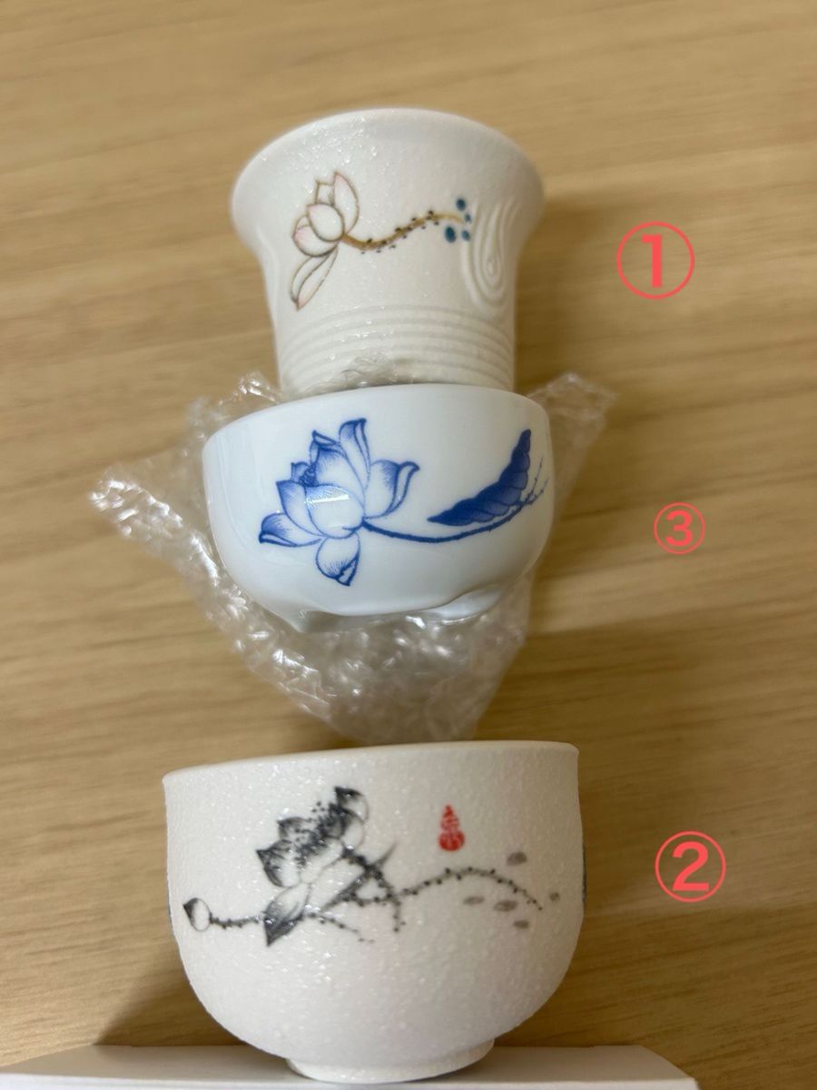 新品茶杯バラ3客　蓮模様　中国茶器　湯呑　茶道具　