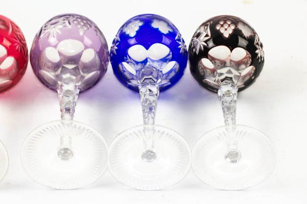 Crystal Color Wine Glass カラーワイングラス 6個セット 葡萄と花のモチーフ クリスタルカット 切子 DONAU AJKA アンティーク #18221_画像5