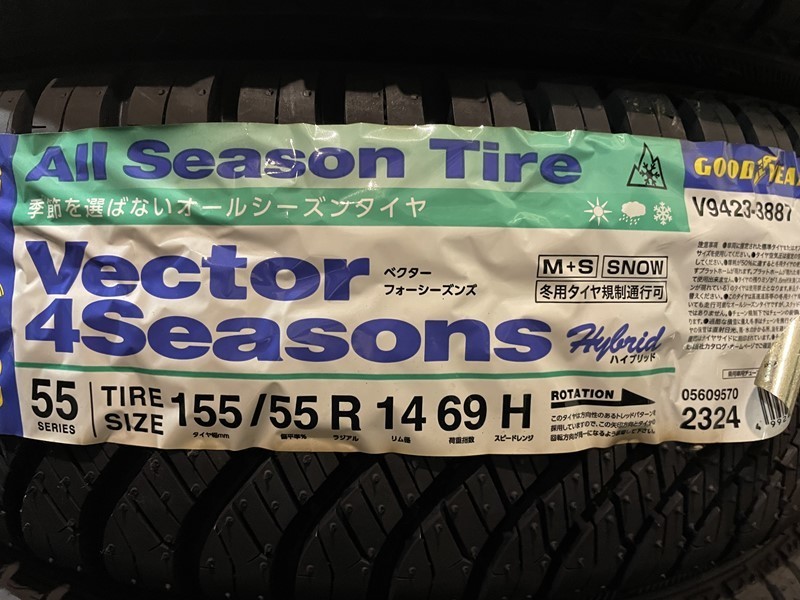 【送料無料】未使用オールシーズンタイヤ４本セット 155/55R14 69H(SGY118-11)GOODYEAR Vector 4Seasons 155/55/14 2020～2021年_４本セット