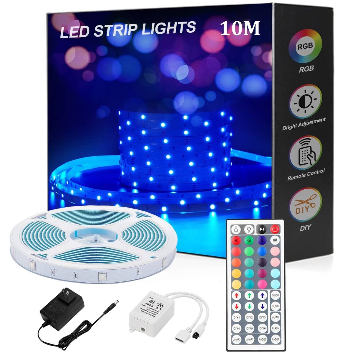 【WQHV】Lightight LEDテープライト 10M RGB 両面テープ 44キーリモコン DC12V 高輝度 間接照明 切断可能 SMD 5050 DIY可能_画像1