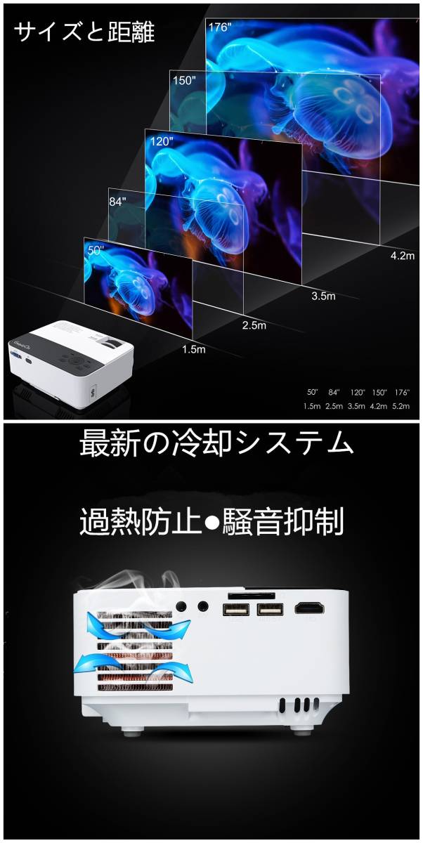 【ジャンク品】ExquizOn T5 ミニプロジェクター LED 1800ルーメン 1080PHD 携帯と有線ミラーリング HDMIケーブル付属 日本語取扱説明書付け_画像6