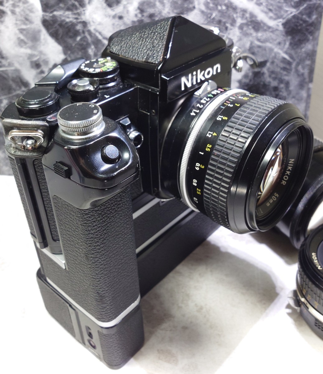 【終活】NIKON F2黒＋アイレベルファインダー＋NIKKOR 50mm f1.4＋50mm f2＋135mm f2.8＋爆速モータードライブMD-2＋MB-1 各動作,連写良好 _画像2