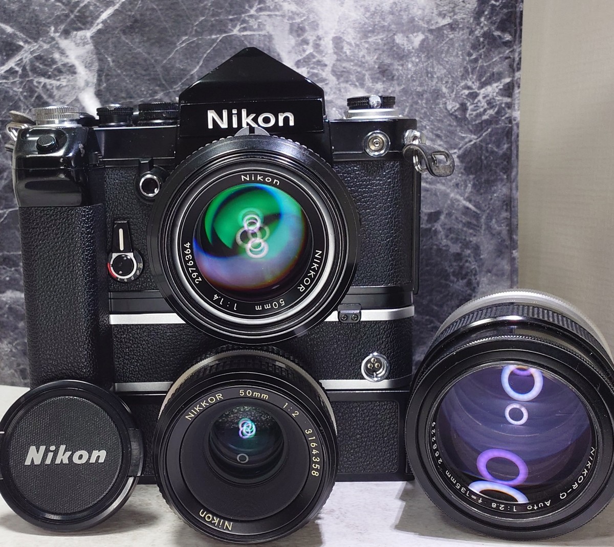 【終活】NIKON F2黒＋アイレベルファインダー＋NIKKOR 50mm f1.4＋50mm f2＋135mm f2.8＋爆速モータードライブMD-2＋MB-1 各動作,連写良好 _画像1