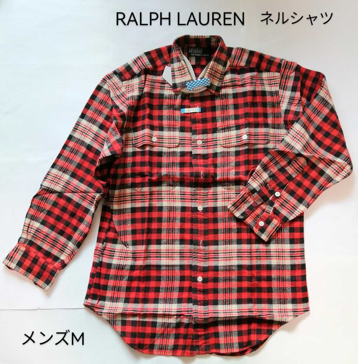 クリーニング済「Ralph Lauren 中厚手チェック長袖ネルシャツジャケット メンズM 実寸:着丈78 バスト56 袖丈56」ラルフローレン_画像1