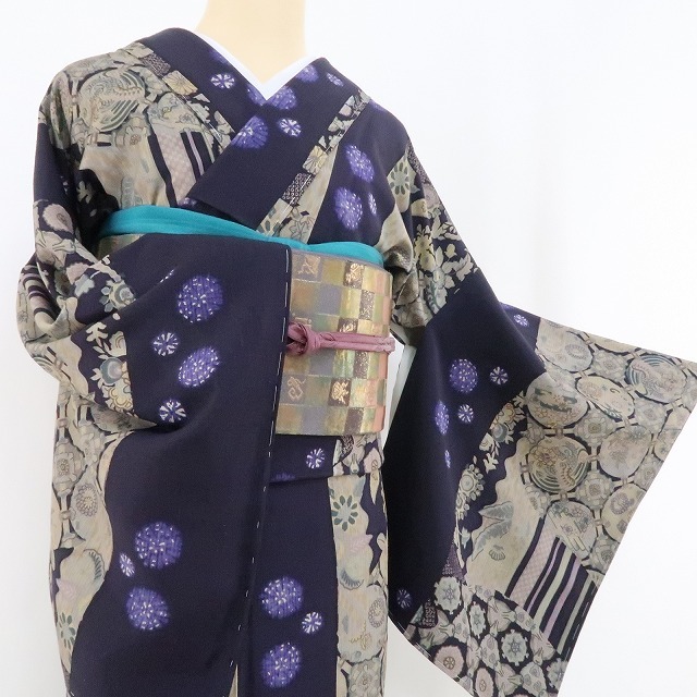 ゆめsaku2 新品 着物 正絹 仕付け糸付“洒落味高く個性的...懐かしくも新しい和心”紬 2642