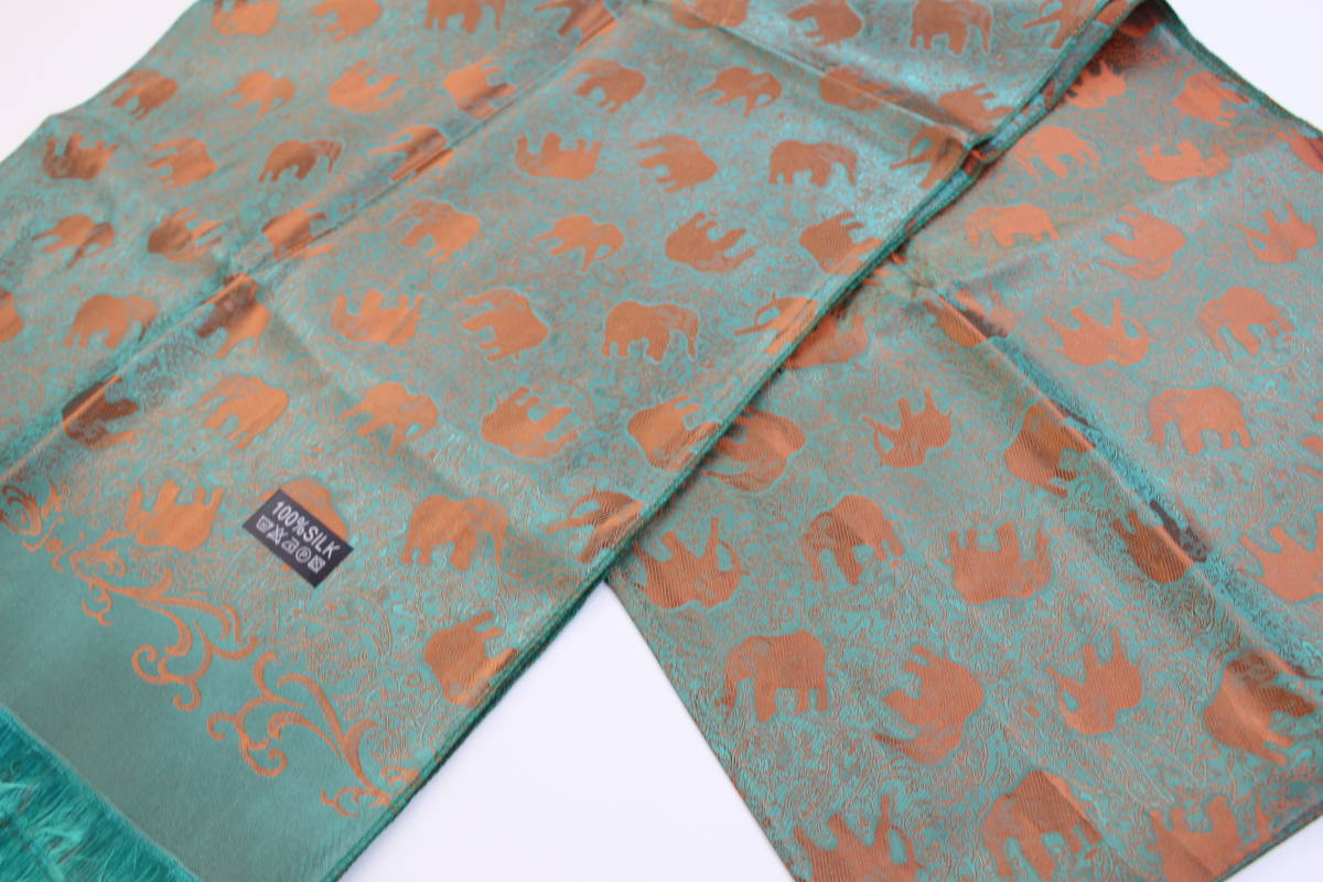  новый товар [SILK шелк 100%] Elephant .peiz Lee рисунок большой размер тонкий палантин / шарф изумруд оттенок зеленого orange 