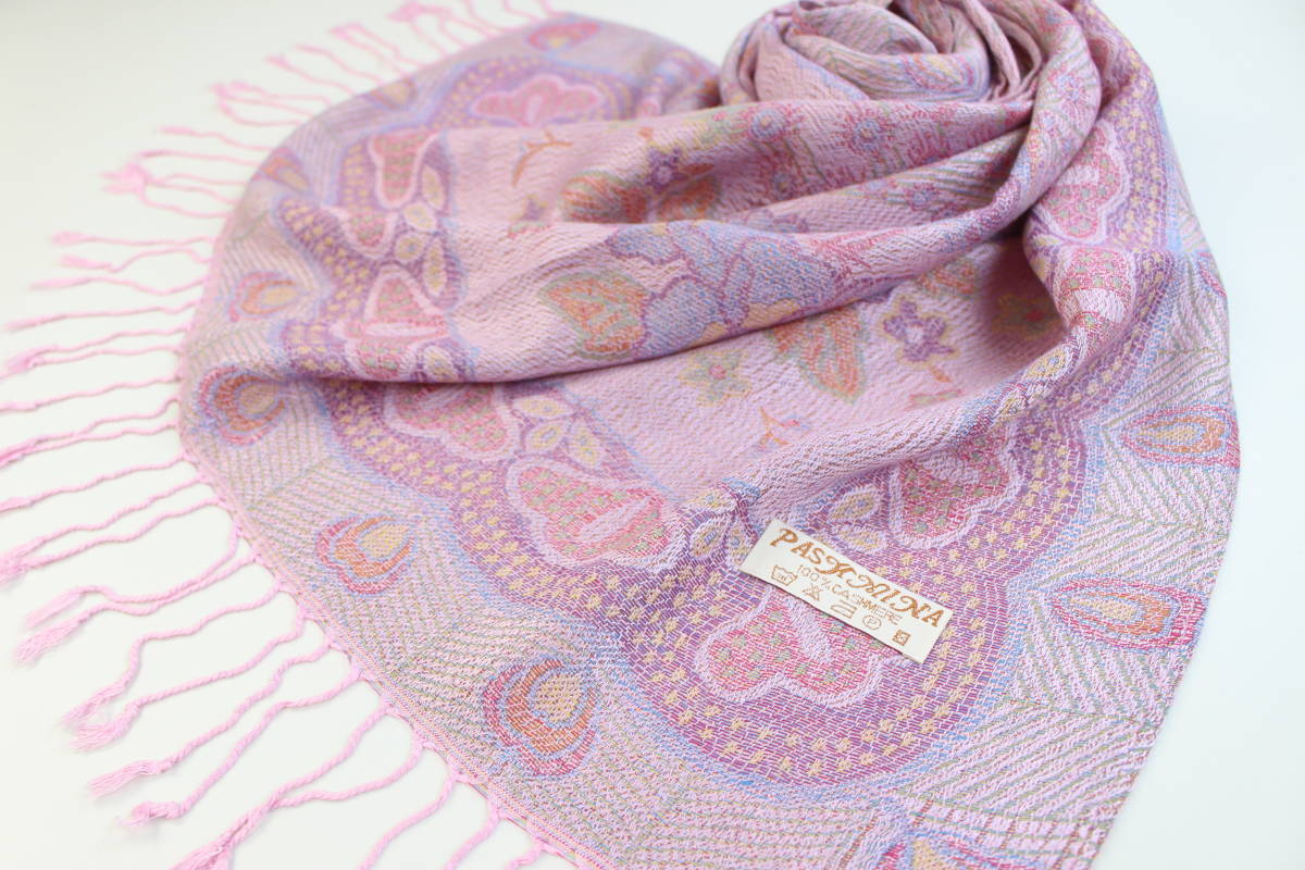 新品【Pashmina パシュミナ】華 孔雀柄 大判 中薄手 ストール 春色 PINK ピンク系 Cashmere カシミア100%_画像2