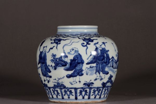 【瓏】陶磁器 青花八仙人物罐 大明萬暦年製 染付 置物擺件 古賞物 中国古美術 蔵出