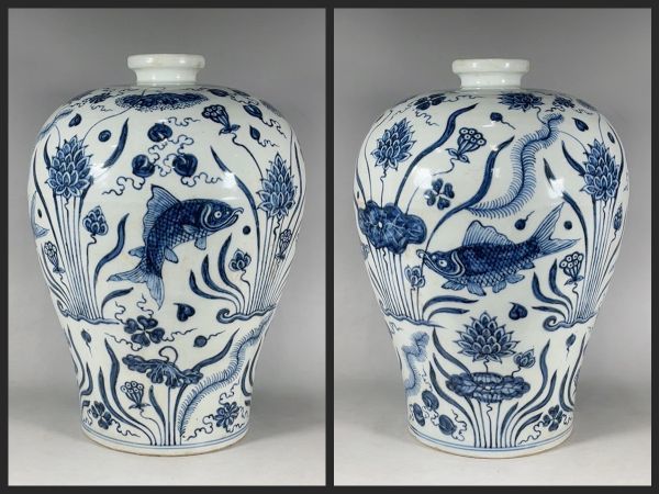 【瓏】陶磁器 青花魚草紋梅瓶 大明宣徳年製 染付 置物擺件 古賞物 中国古美術 蔵出