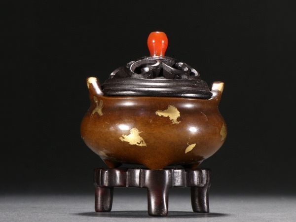 【瓏】古銅彫 點金橋耳香薰炉 清代 家藏珍寶款 古置物擺件 銅器 中国古賞物 蔵出