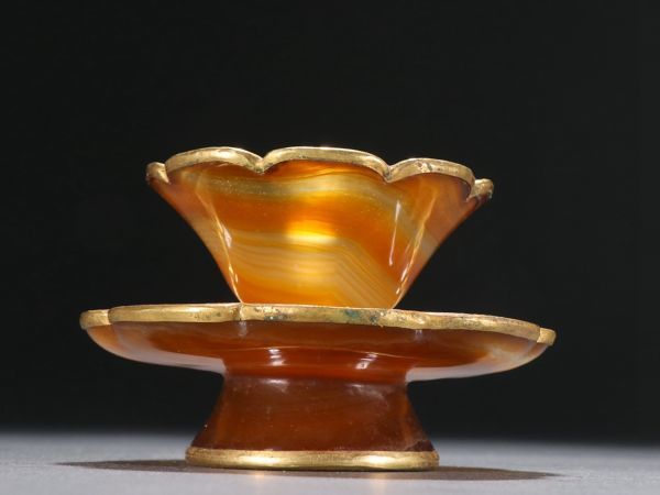 【瓏】瑪瑙彫 包金托杯一套 遼金時期 極細工 手彫り 置物 賞物 古美術 蔵出