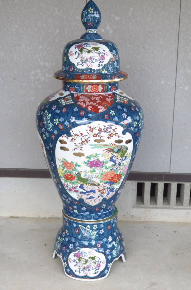 染錦金彩色絵花鳥図沈香壷 金龍窯博山作 飾壺 壷 花瓶 細密絵付 作家 在銘 有田焼 骨董品 古美術品 高さ118cm_画像1