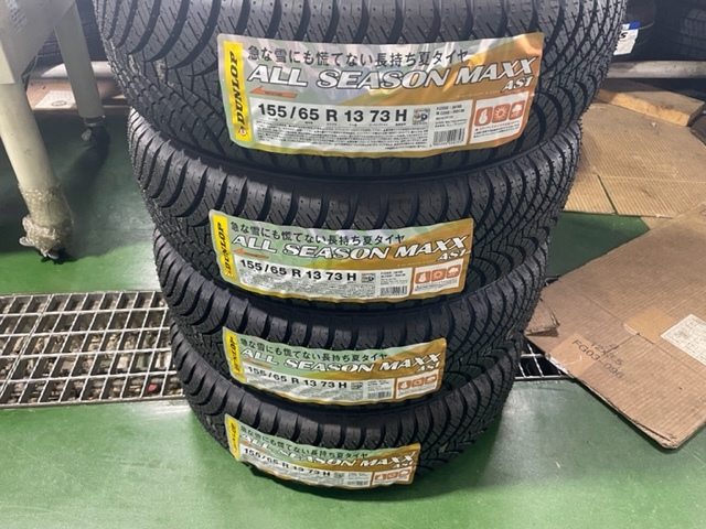 ダンロップオールシーズンマックスAS1　155/65R13アルミホイール4本セットケイフィネスD12ガンメタブラック送料込み即決_画像3