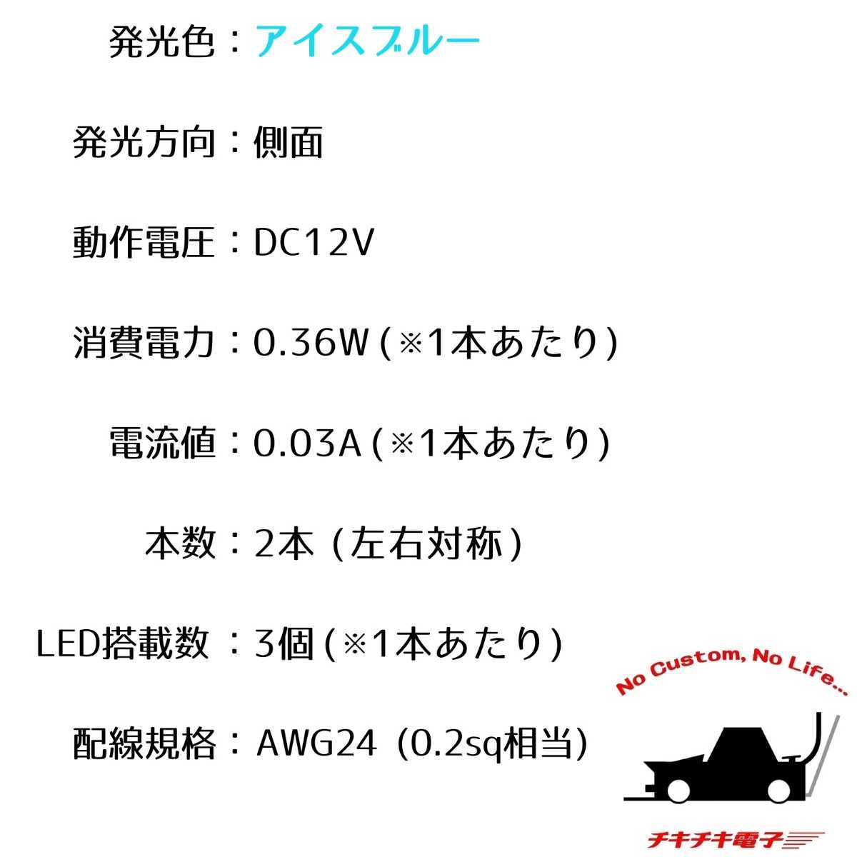 アイスブルー 2.5cm 左右2本 側面 防水 暴君 LED テープ ライト ランプ 小さい 小型 極小 ミニ 薄い 細い 12V 車 バイク 水色 青色 青 氷_画像9