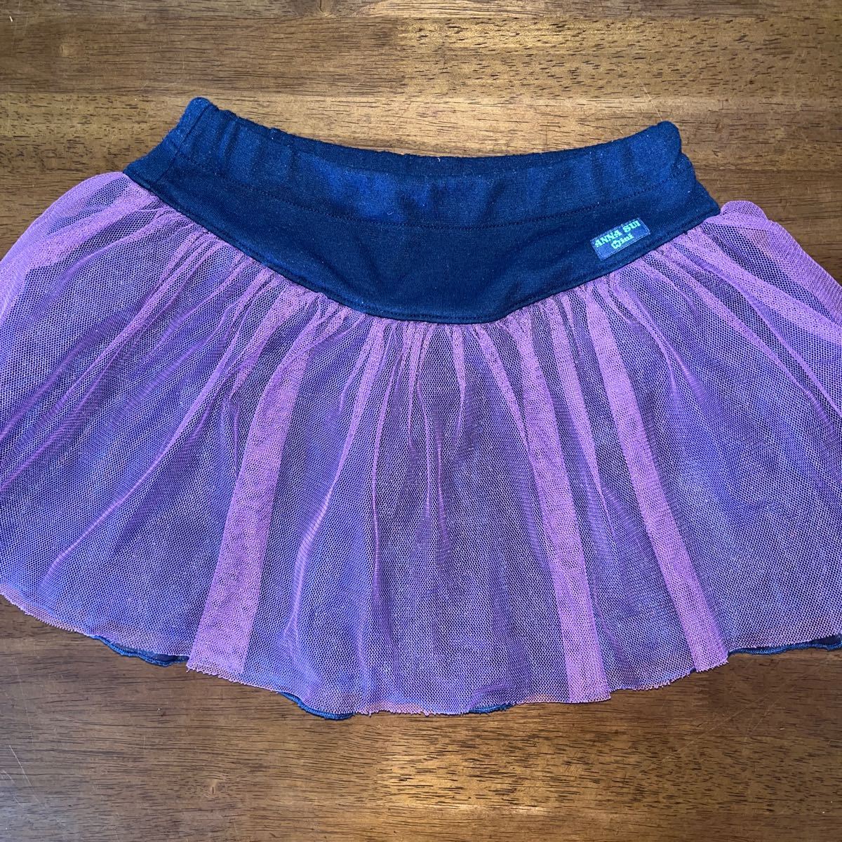 ANNA SUI mini| Anna Sui Mini ] short sleeves T-shirt chu-ru attaching skirt / ska bread 2 pieces set 130. used black × purple 