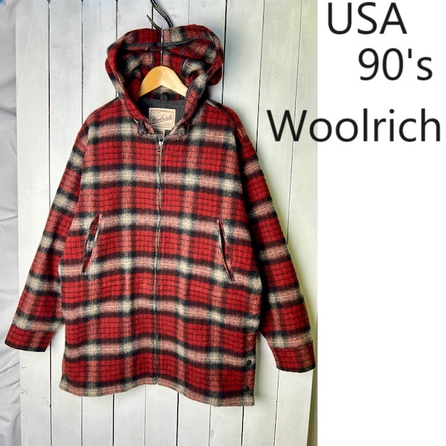 USA古着 90s USA製 Woolrich チェック フード付きジップウールコート M～L オールド ヴィンテージ ウールリッチ マウンテンパーカー●144