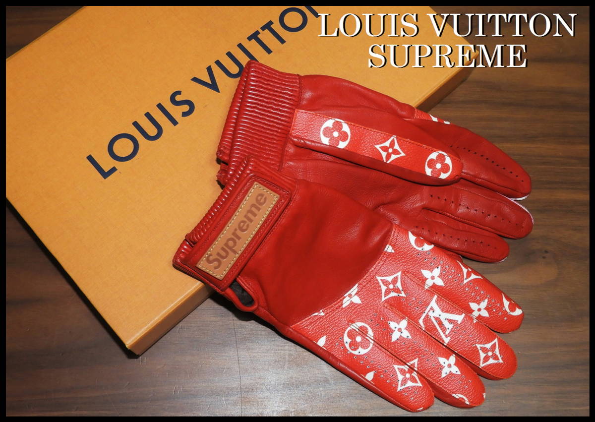 激レア LOUIS VUITTON SUPREME モノグラム グローブ レザー ルイヴィトン シュプリーム レッド 赤 白 即完売品 極少数生産品 希少 手袋の画像1