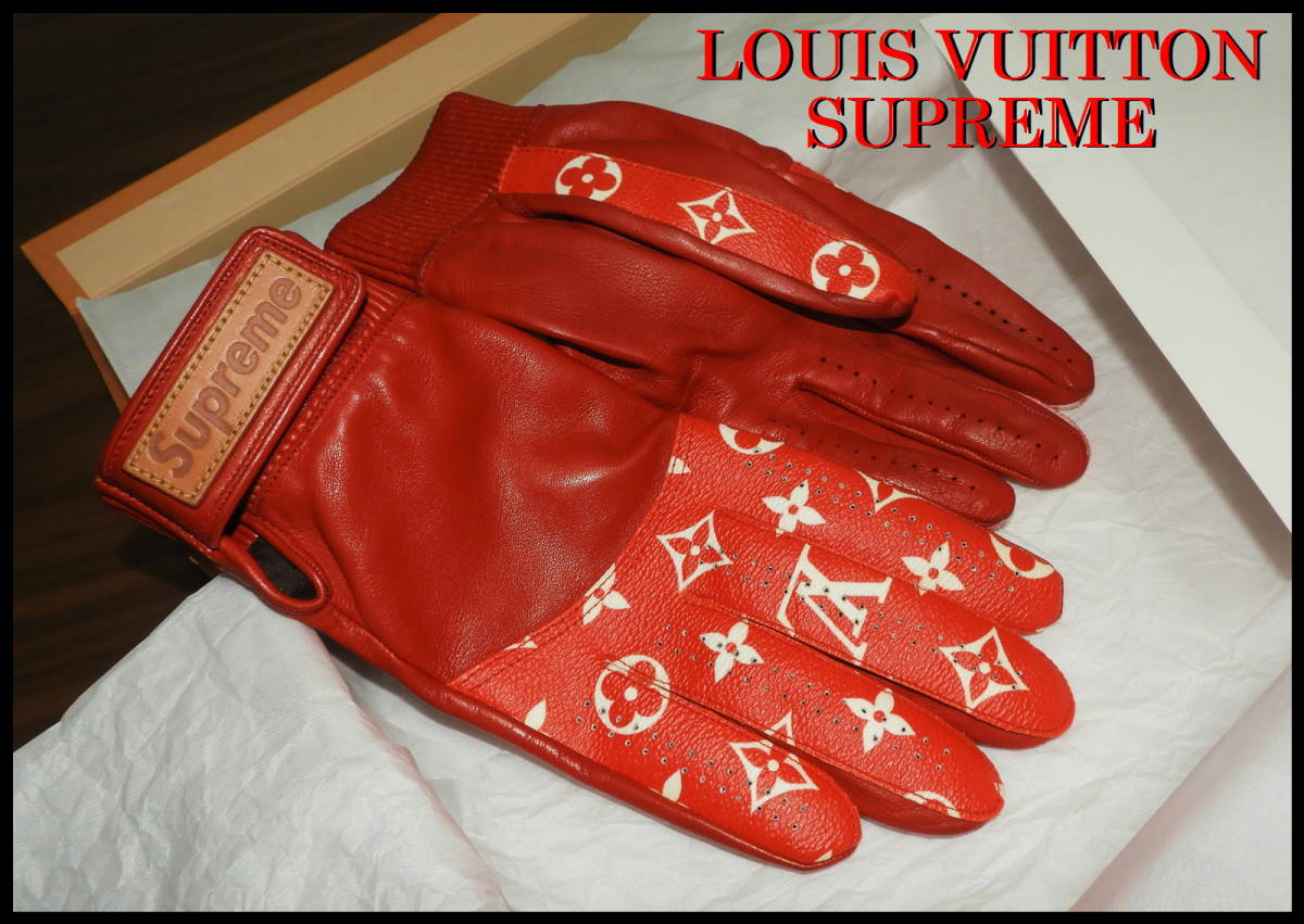 激レア LOUIS VUITTON SUPREME モノグラム グローブ レザー ルイヴィトン シュプリーム レッド 赤 白 即完売品 極少数生産品 希少 手袋の画像5