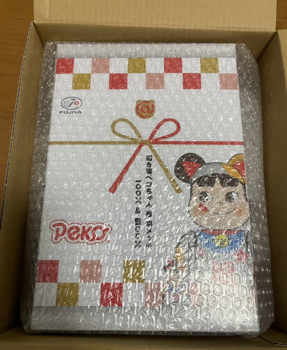 ペコちゃん 福 銀メッキ 100％ & 400％ BE＠RBRICK ベアブリック 不二家ネットショップ 大吉　開運　FUJIYA 招き猫 金メッキ　PECO 未開封_画像1