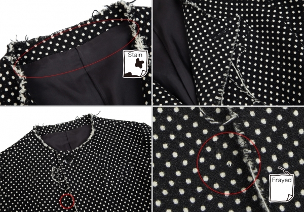 ワイズY's 混紡ウール裁ち切りドットプリントジャケット 黒2_首元薄汚れ、胸元にほつれがあります。