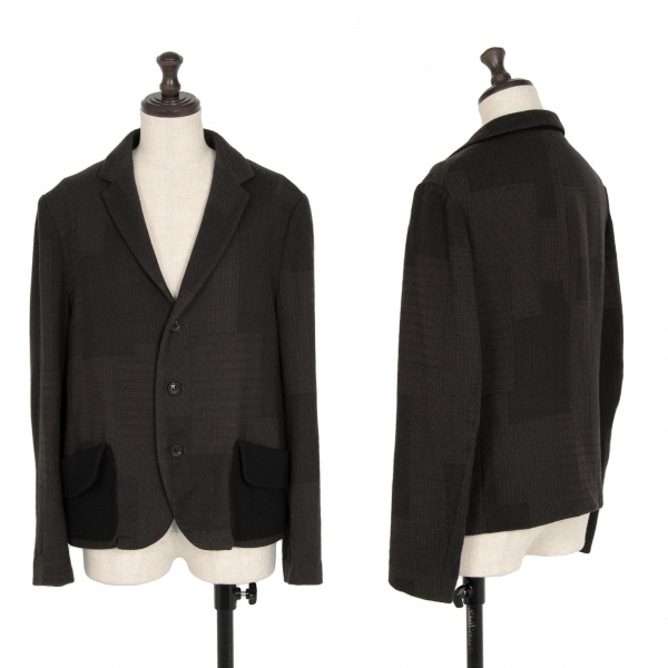 ワイズY's パッチワーク織りポケットデザインウールジャケット 黒茶1