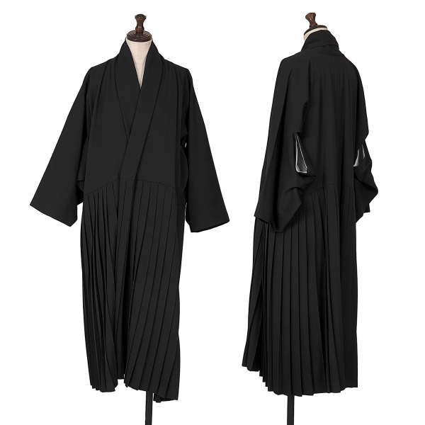 ヨウジヤマモト ファムYohji Yamamoto FEMME 裏メッシュウールギャバプリーツ切替キモノコート 黒S_画像1