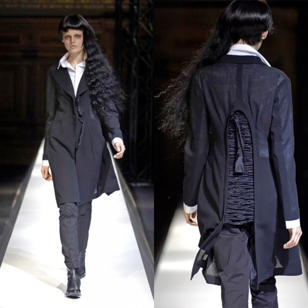 ... ...Yohji Yamamoto FEMME  задний  шнуровка   дизайн  летний  шерсть  пальто   черный 2