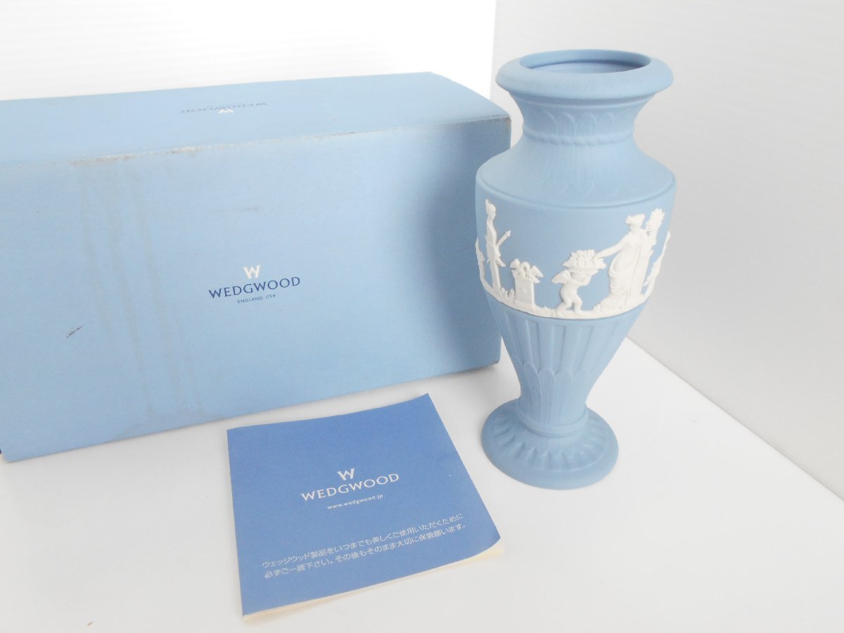 ●WEDGWOOD ウエッジウッド ジャスパー ベース ジャスパーウェア フルーテッド フラワーベース 花瓶 一輪挿し ブルー_画像1