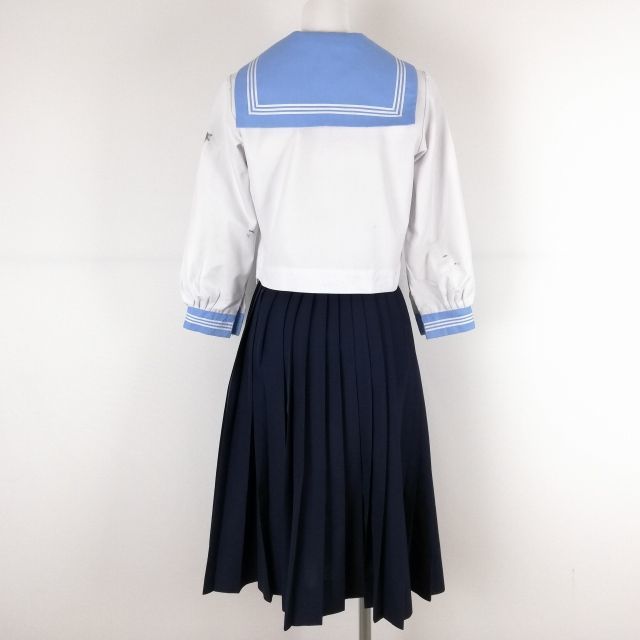 1円 セーラー服 スカート スカーフ 上下3点セット 130A 中間服 白3本線 女子 学生服 高知学園 白 制服 中古 ランクC NA5558_画像2