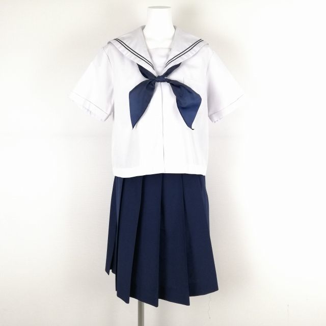 1円 セーラー服 スカート スカーフ 上下3点セット 大きいサイズ トンボ 夏物 青2本線 女子 学生服 中学 高校 白 制服 中古 ランクC NA5513_画像1