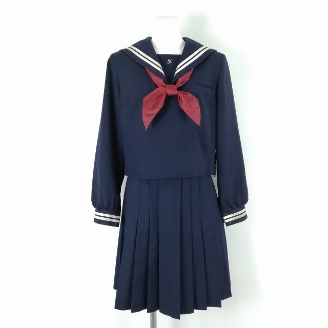 1円 セーラー服 スカート スカーフ 上下3点セット 大きいサイズ 冬物 白2本線 女子 学生服 熊本二岡中学 紺 制服 中古 ランクC NA7028_画像1