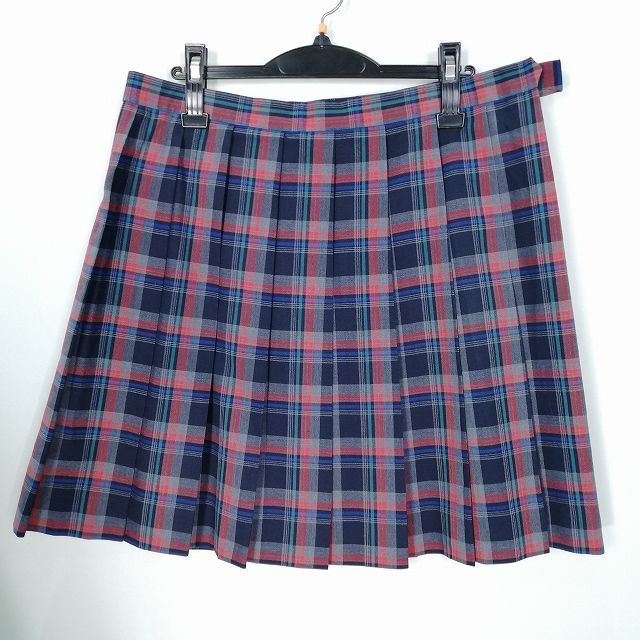 1円 スクールスカート 大きいサイズ 夏物 w80-丈50 チェック 中学 高校 プリーツ 学生服 制服 女子 中古 HK9479_画像1