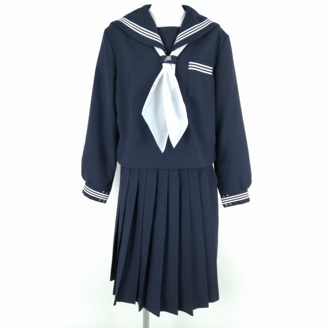 1円 セーラー服 スカート スカーフ 上下3点セット 大きいサイズ 冬物 白3本線 女子 学生服 兵庫小野南中学 紺 制服 中古 ランクC NA9306_画像1