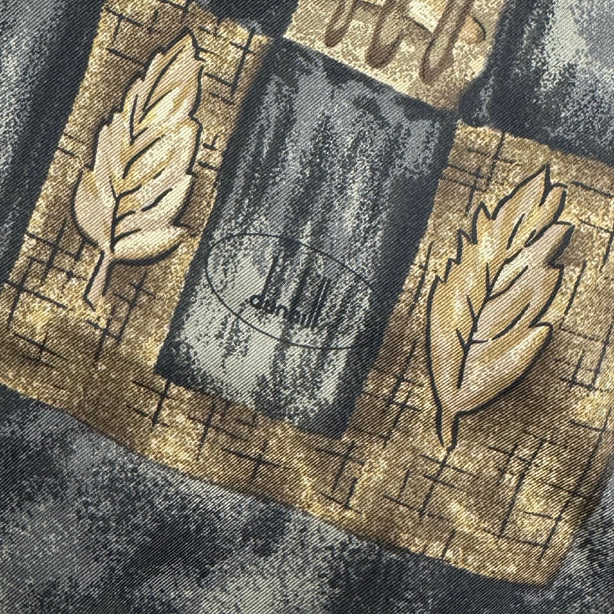  прекрасный товар Британия производства dunhill Dunhill высококлассный leaf лист общий рисунок принт общий шелк шелк 100% палантин шарф бахрома 150×30cm чёрный × чай 
