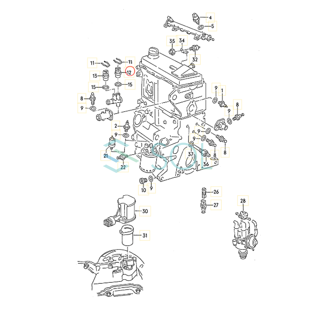 VW ゴルフ3(1H1 1H5 1E7) ゴルフ4(1J1 1J5) パサートB3 B4(3A5 35l) ポロ(6N1 6N2 6V2 6V5) 水温センサー 357919501A 6U0919501B_画像3