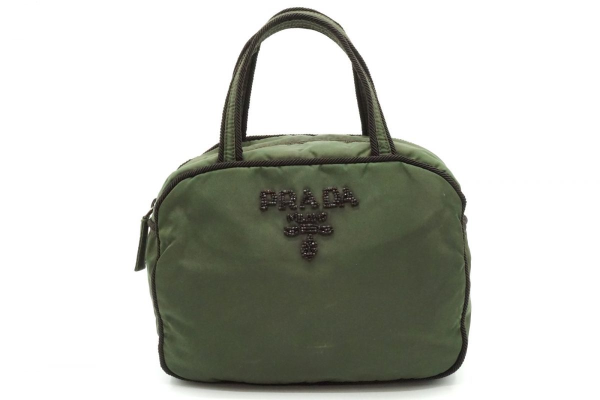 プラダ ミニ ハンドバッグトート ロゴ ビジュー テスートナイロン カーキ 緑 グリーン 良品 PRADA 6672h