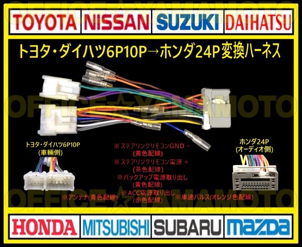 トヨタ/ダイハツ6P10P→ホンダ24P オーディオ ナビ 変換ハーネス コネクタ カプラ 電源取出し 車速パルス(センサー)ステアリングリモコン a_画像1