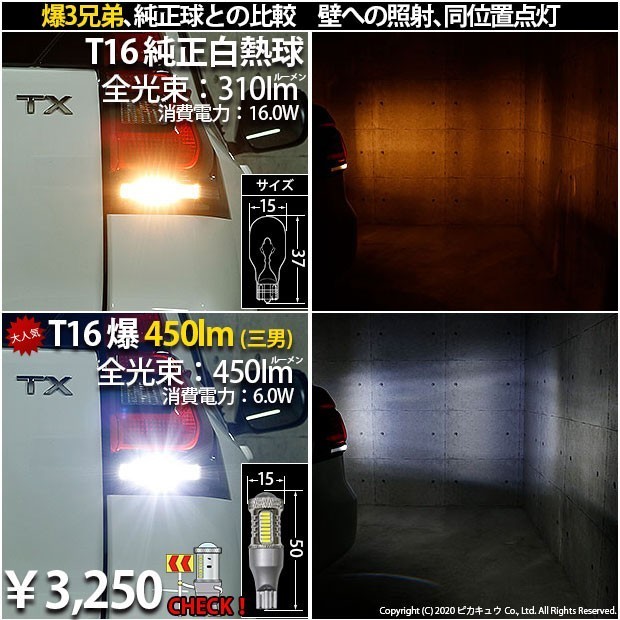 トヨタ ランドクルーザープラド (150系 後期) 対応 LED バックランプ T16 爆-BAKU-650lm ホワイト 6600K 2個 後退灯 7-B-4_画像5