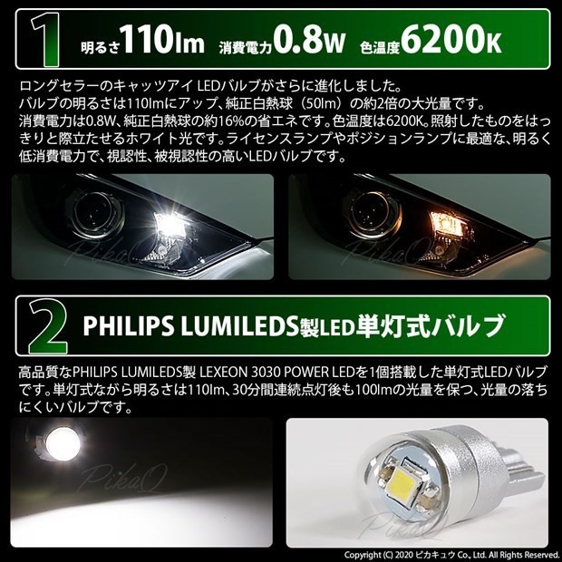 トヨタ ハイエース (200系 4型) 対応 LED ライセンスランプ T10 Cat's Eye 110lm ホワイト 6200K 2個 ナンバー灯 3-B-5_画像2