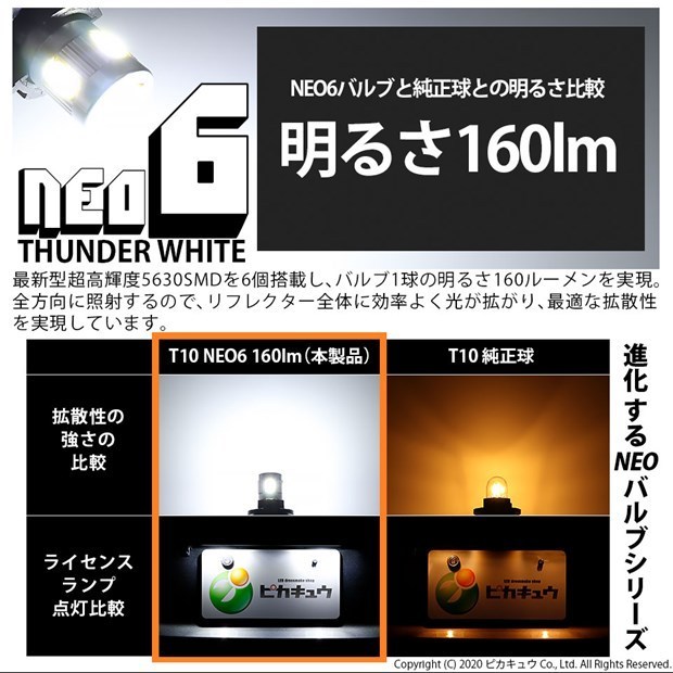 トヨタ ハリアー (60系 前期) 対応 LED カーテシランプ T10 HYPER NEO 6 160lm サンダーホワイト 6700K 2個 室内灯 2-C-10_画像2