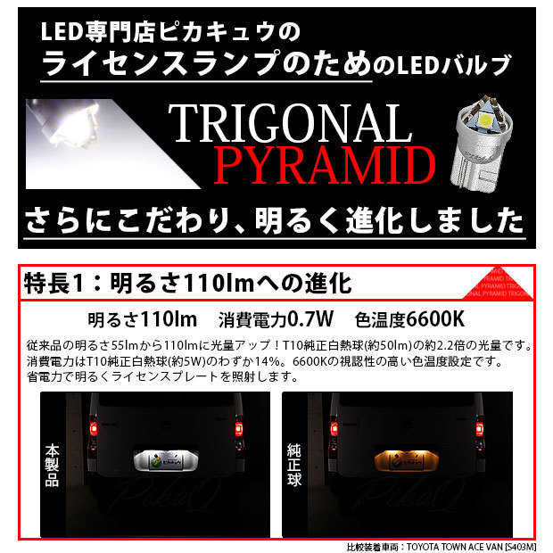 トヨタ タウンエース バン (S403M/413M) 対応 LED ライセンスランプ T10 トライアングルピラミッド 110lm ホワイト 6600K 2個 3-C-4_画像2
