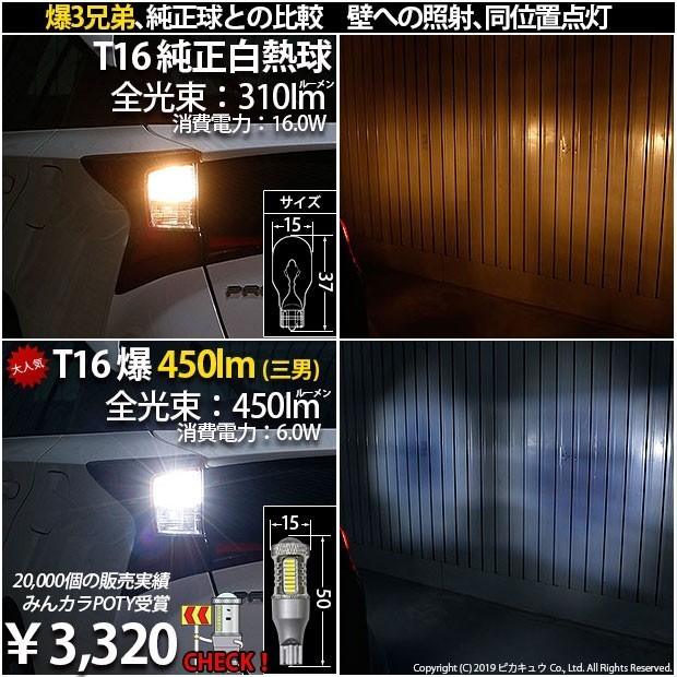 トヨタ プリウス (50系 後期) 対応 LED バックランプ T16 爆-BAKU-800lm ホワイト 6600K 2個 後退灯 5-A-1_画像8