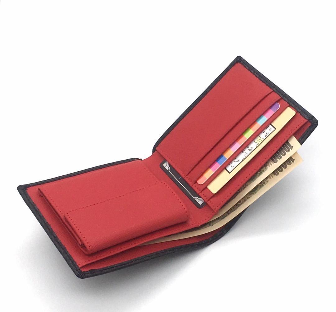 カーボンレザー 折り財布 内装：紅 メンズ レディース 小銭入れ カードケース_画像5