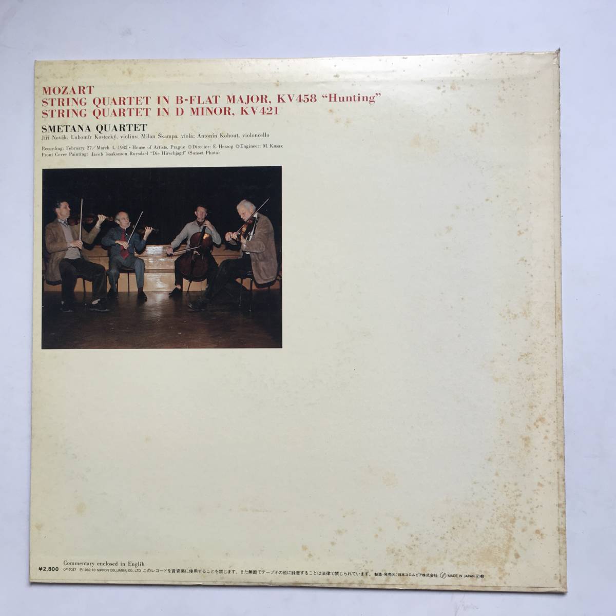 231106●Mozart Smetana Quartet/Two String Quartets In B Flat Major KV 458 Hunting/スメタナ四重奏 モーツァルト 狩/12inch LP_画像2